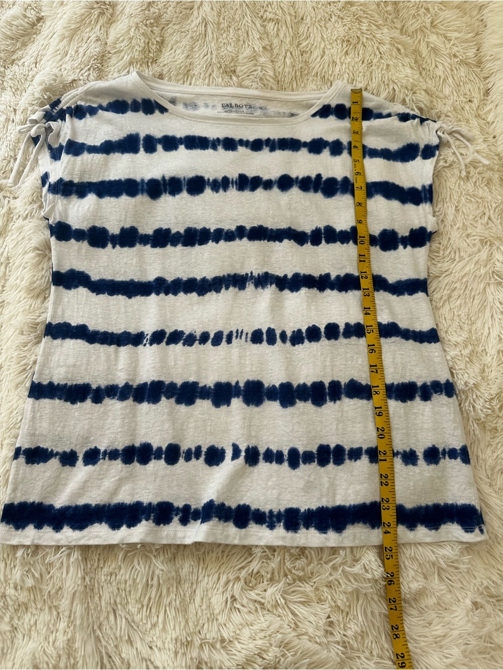 Talbots Blue White Tie Dye Stripe Linen Cotton Top Size Medium Ruched Sleeve - Picture 3 of 6